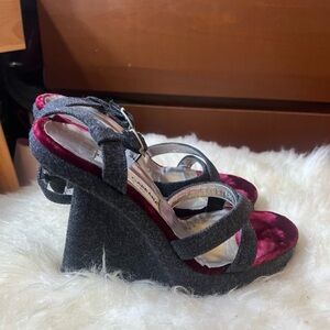 Dolce & Gabanna Gray Wool and Burgundy Velvet Wedge Sandals Size 6